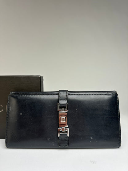 Vintage Gucci Leather Bifold Wallet Early 2000s Black Silver