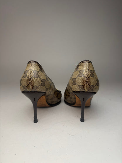 Vintage Gucci Horsebit Monogram Leather Pumps Beige Brown 37
