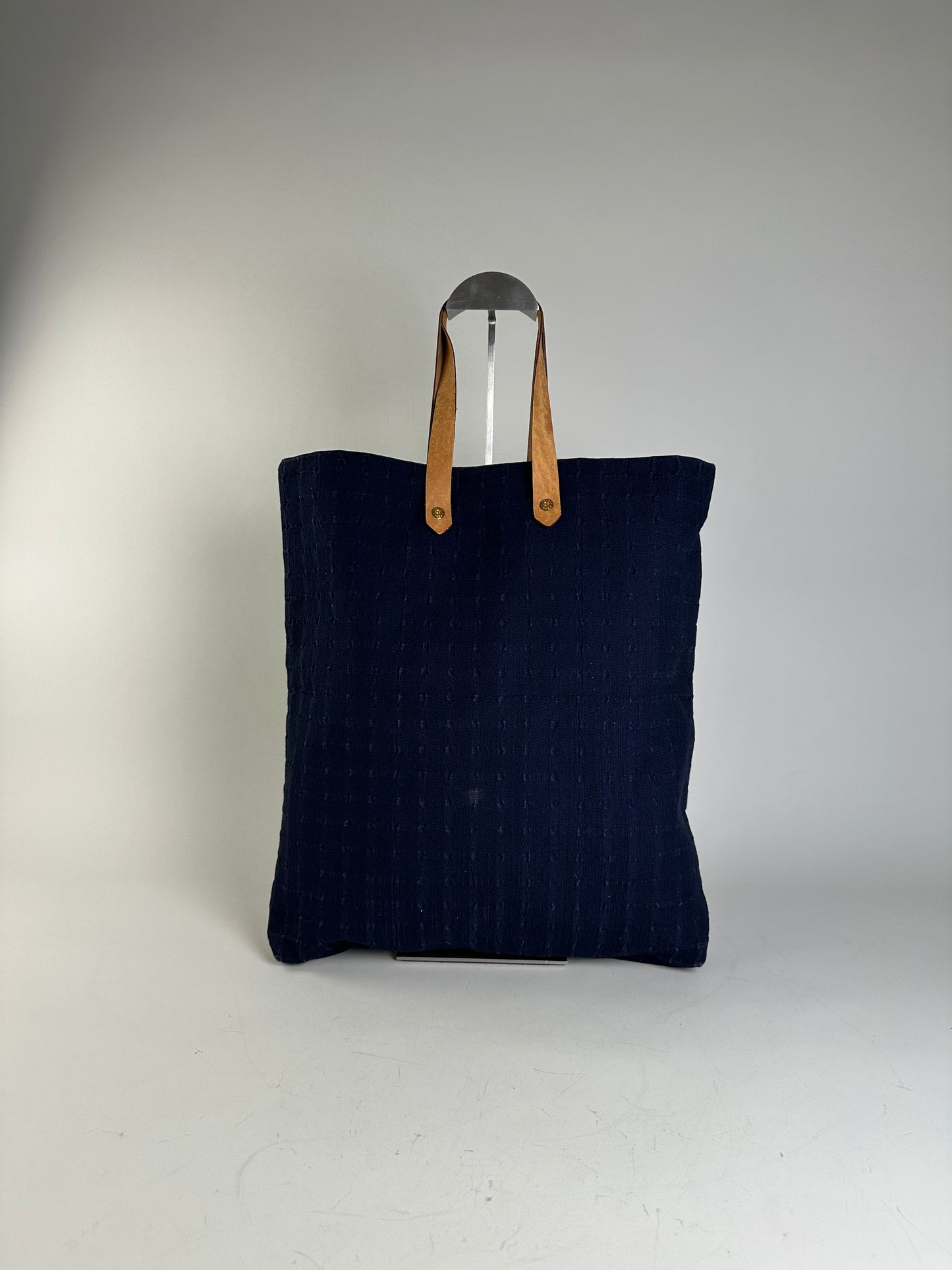 Vintage Hermes Cotton Tote Navy Tan Leather Straps
