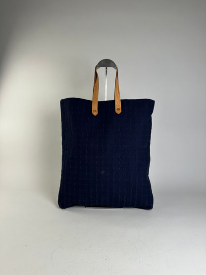 Vintage Hermes Cotton Tote Navy Tan Leather Straps