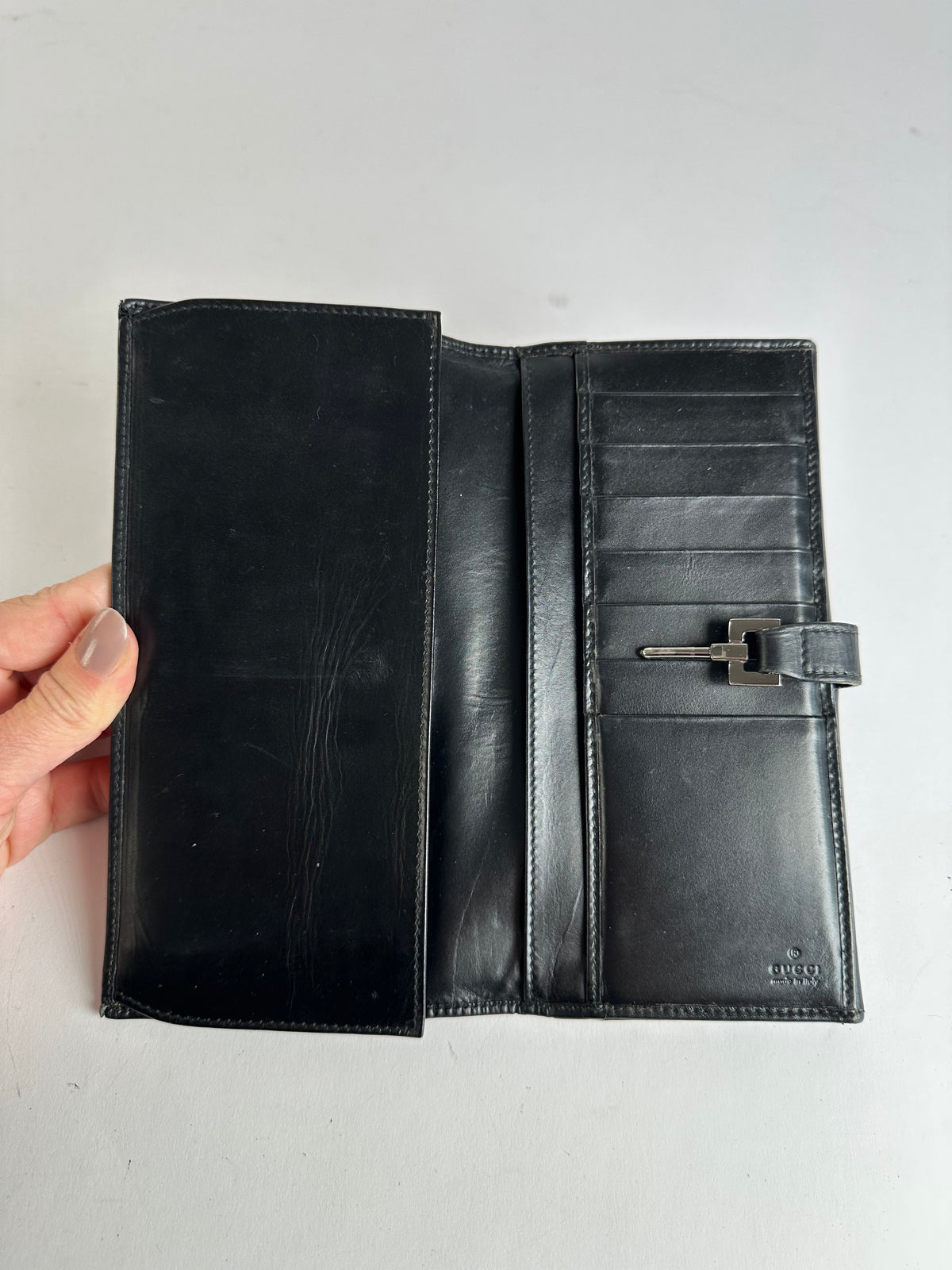 Vintage Gucci Leather Bifold Wallet Early 2000s Black Silver