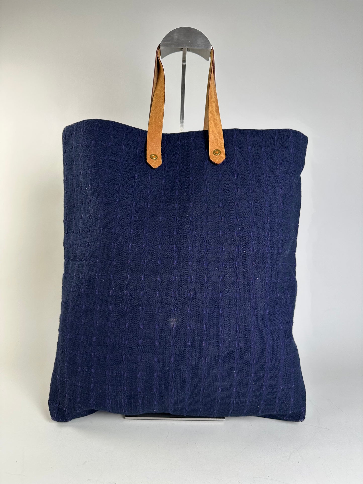 Vintage Hermes Cotton Tote Navy Tan Leather Straps