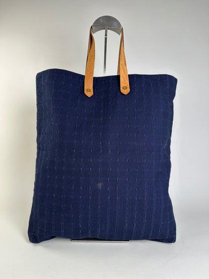 Vintage Hermes Cotton Tote Navy Tan Leather Straps