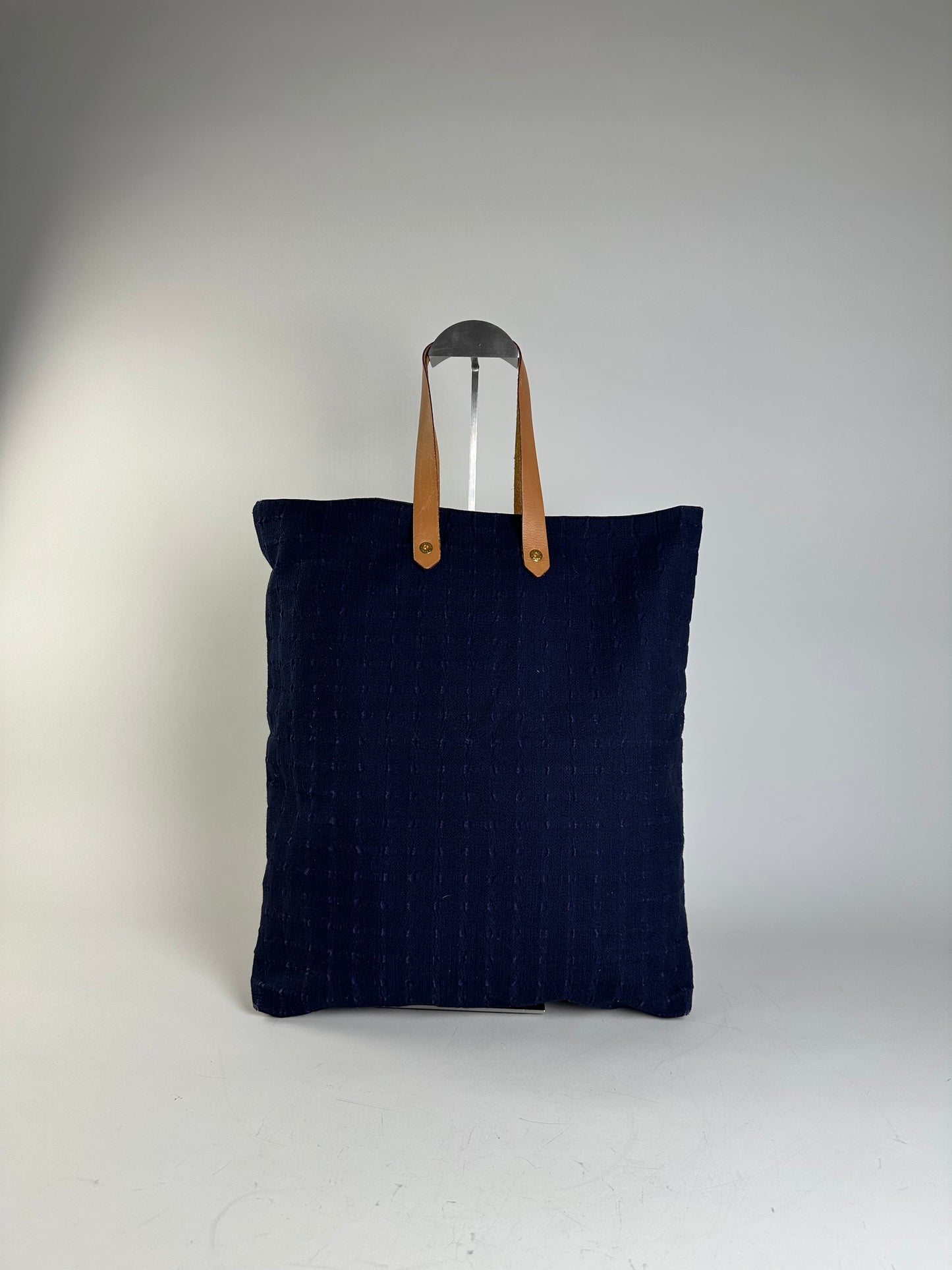 Vintage Hermes Cotton Tote Navy Tan Leather Straps