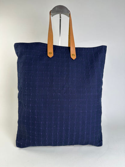Vintage Hermes Cotton Tote Navy Tan Leather Straps