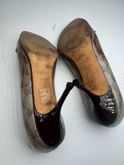 Vintage Gucci Horsebit Monogram Leather Pumps Beige Brown 37