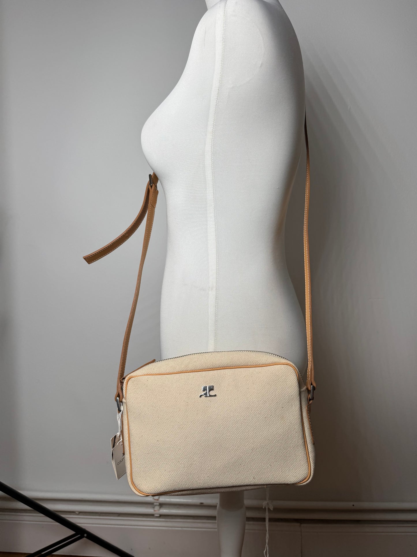 Vintage Courreges Leather Canvas bag beige white with tag