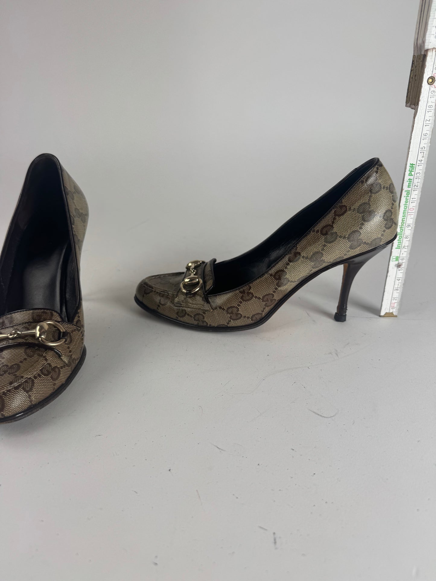 Vintage Gucci Horsebit Monogram Leather Pumps Beige Brown 37