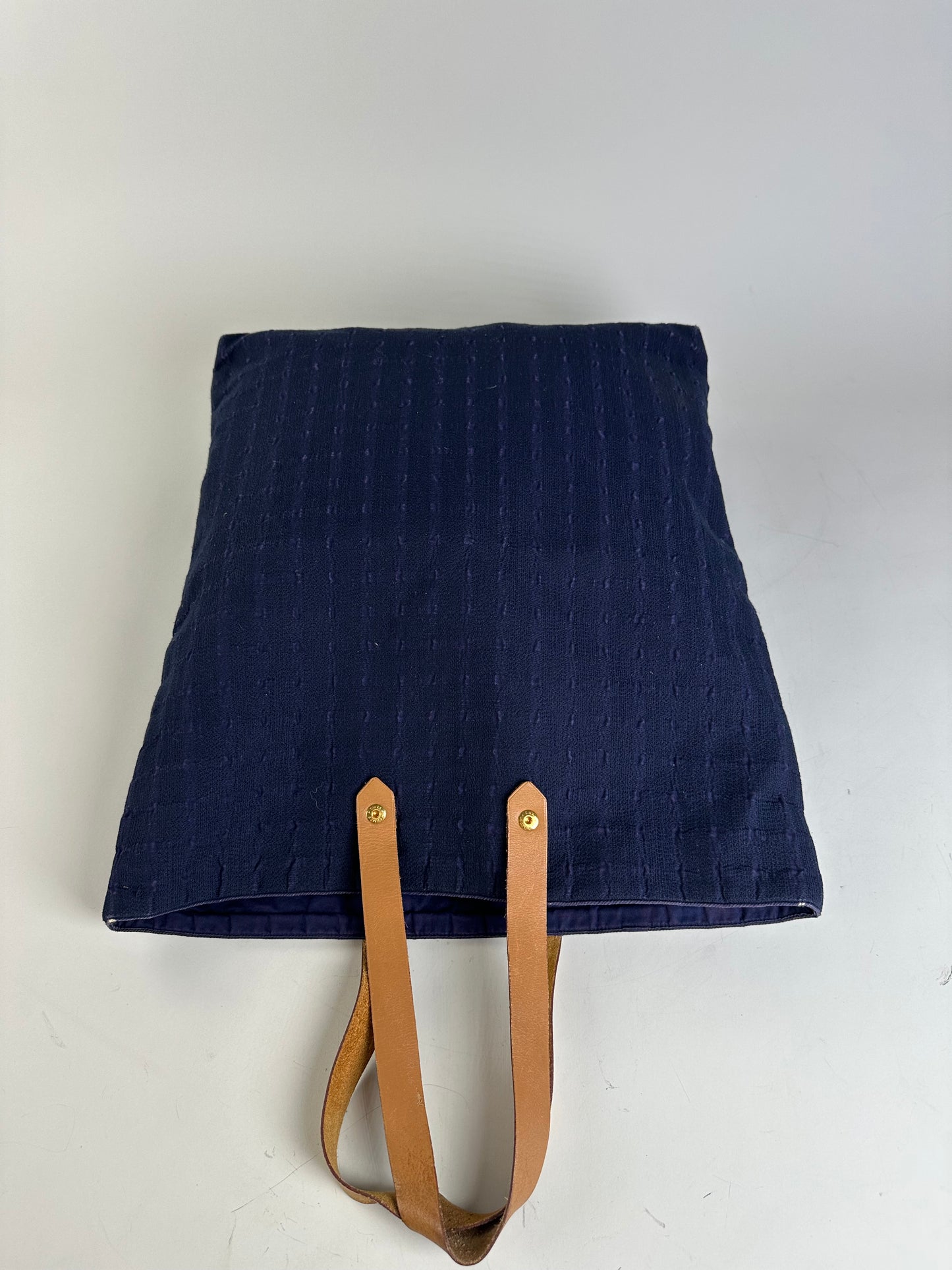 Vintage Hermes Cotton Tote Navy Tan Leather Straps