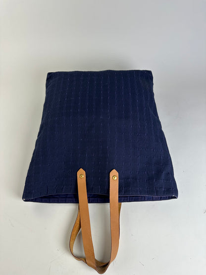 Vintage Hermes Cotton Tote Navy Tan Leather Straps