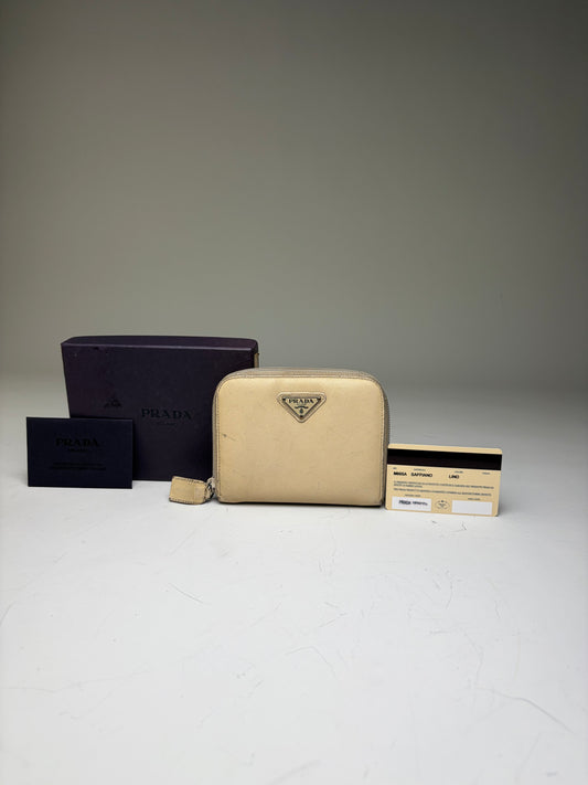 Vintage Prada Saffiano Leather Zip Wallet Cream Silver