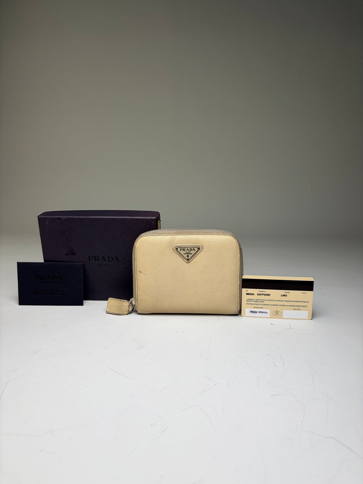 Vintage Prada Saffiano Leather Zip Wallet Cream Silver