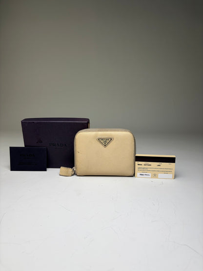Vintage Prada Saffiano Leather Zip Wallet Cream Silver