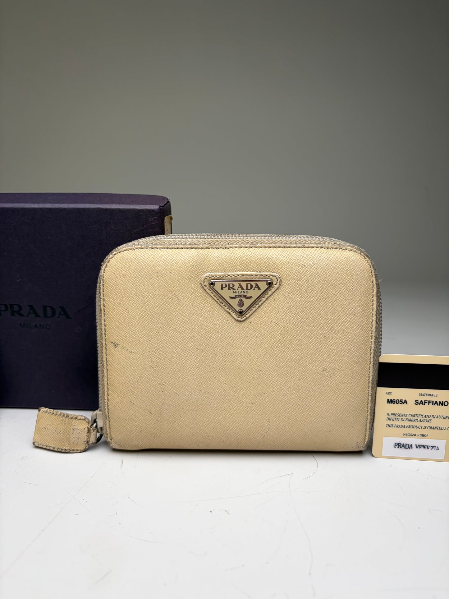 Vintage Prada Saffiano Leather Zip Wallet Cream Silver