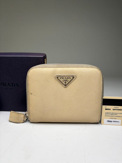 Vintage Prada Saffiano Leather Zip Wallet Cream Silver