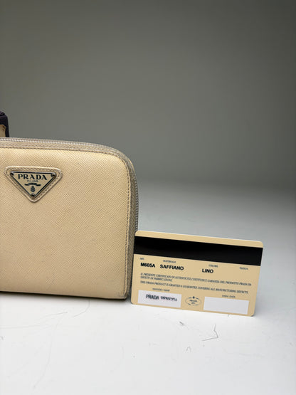 Vintage Prada Saffiano Leather Zip Wallet Cream Silver