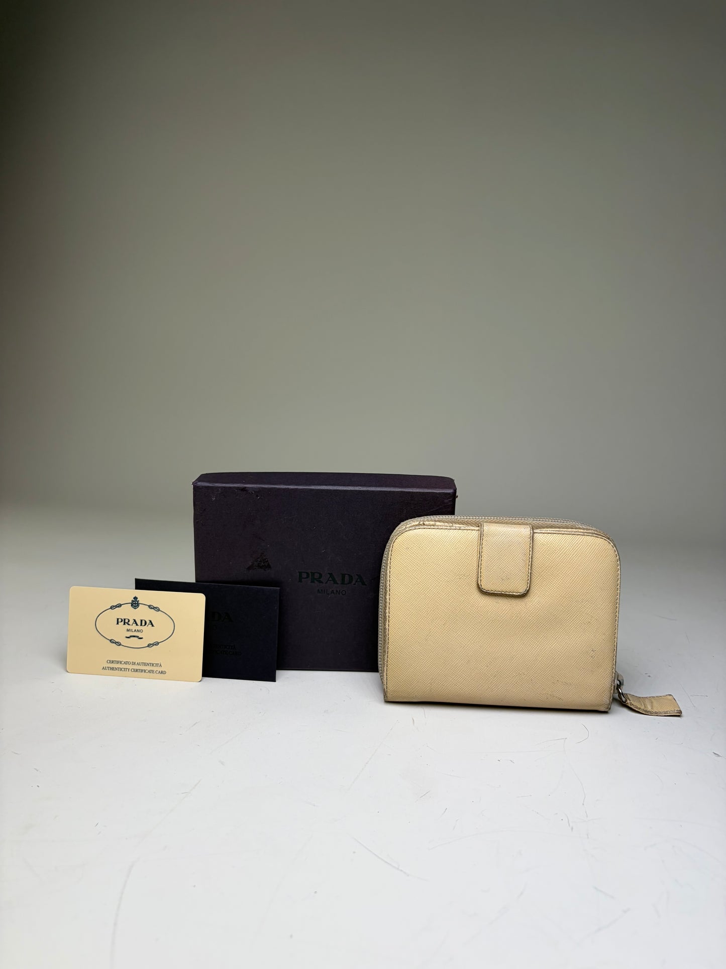 Vintage Prada Saffiano Leather Zip Wallet Cream Silver