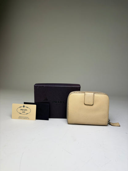 Vintage Prada Saffiano Leather Zip Wallet Cream Silver
