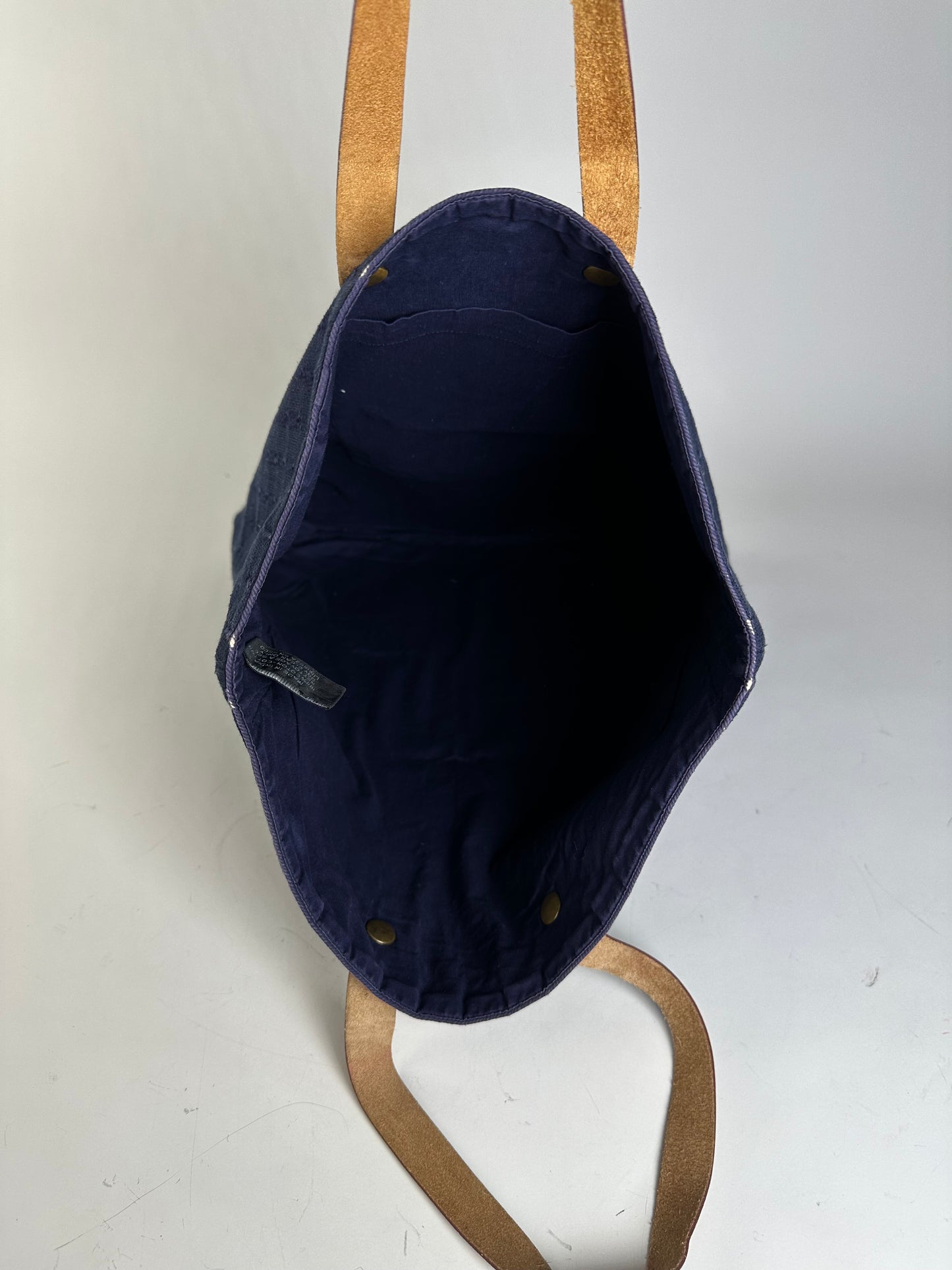 Vintage Hermes Cotton Tote Navy Tan Leather Straps