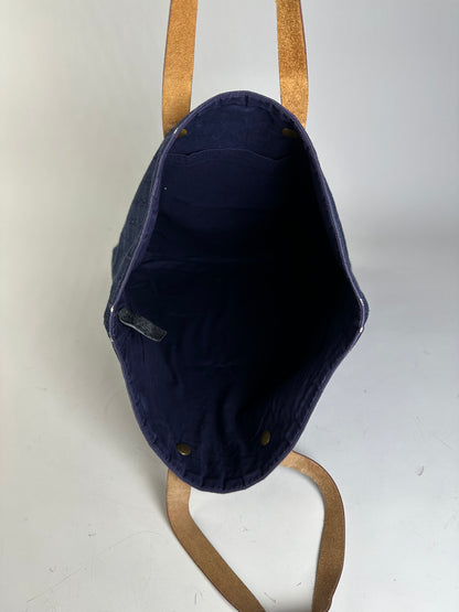 Vintage Hermes Cotton Tote Navy Tan Leather Straps