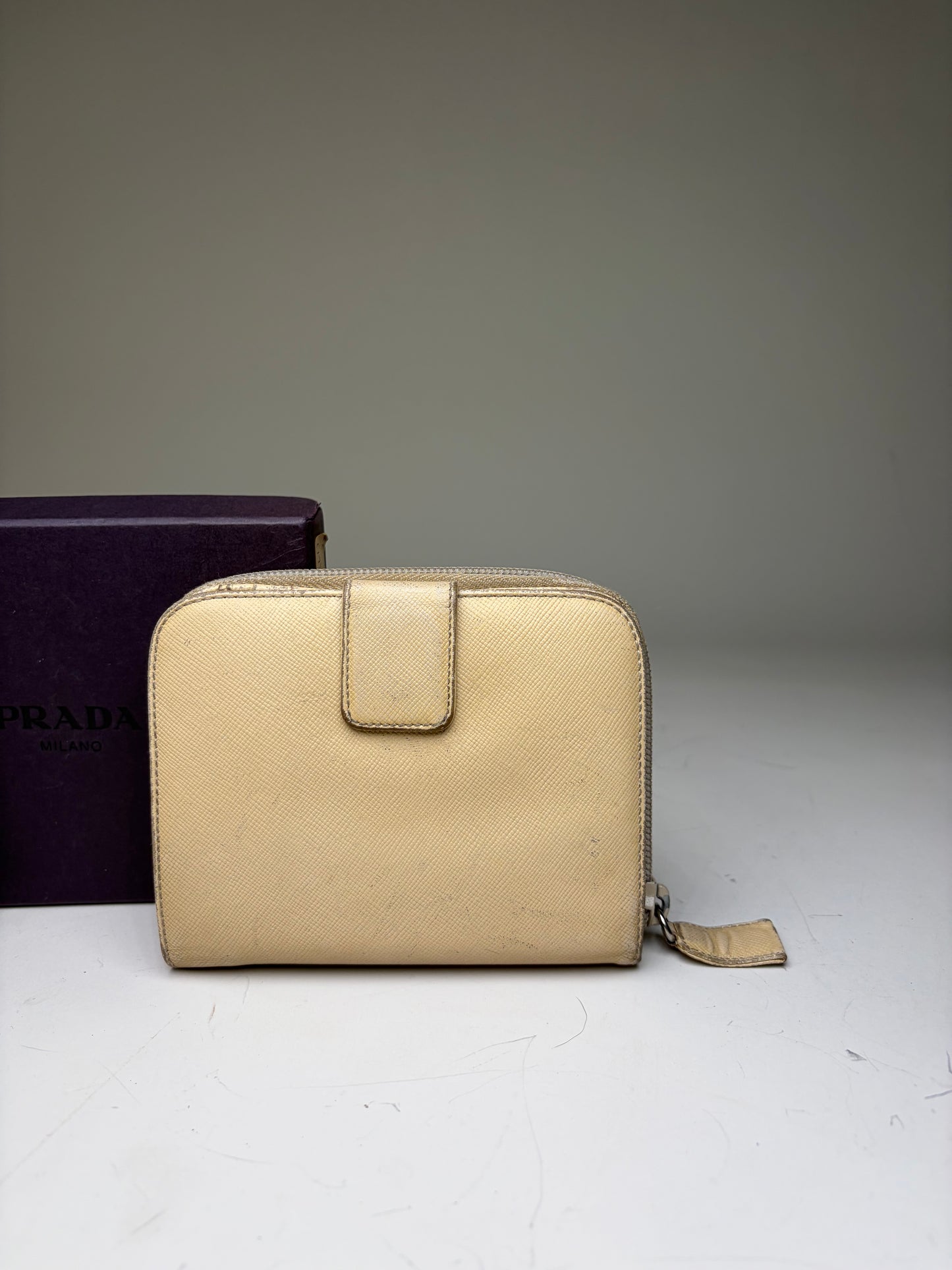 Vintage Prada Saffiano Leather Zip Wallet Cream Silver