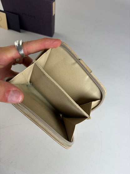 Vintage Prada Saffiano Leather Zip Wallet Cream Silver