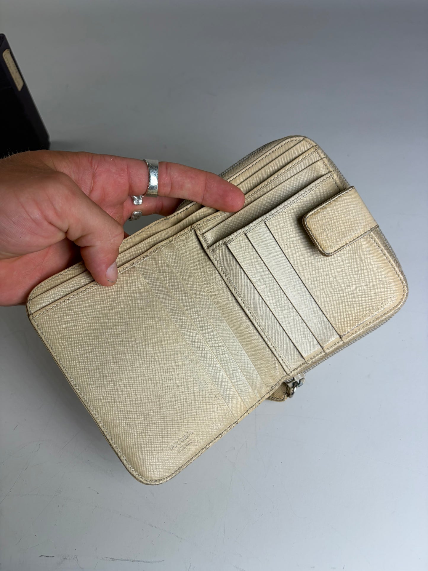 Vintage Prada Saffiano Leather Zip Wallet Cream Silver