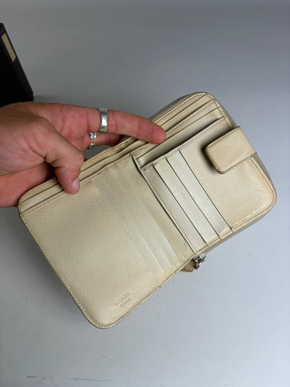Vintage Prada Saffiano Leather Zip Wallet Cream Silver
