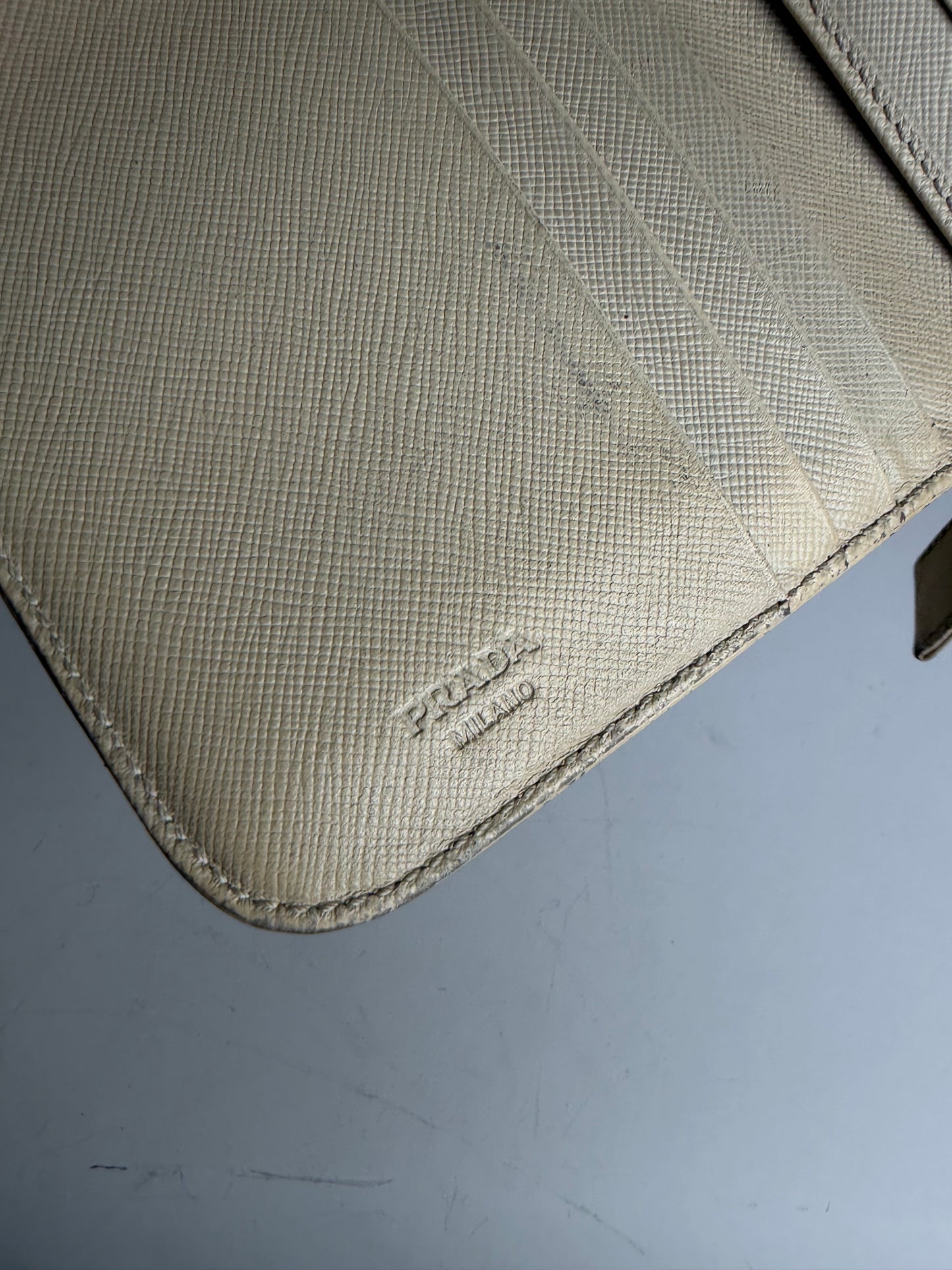 Vintage Prada Saffiano Leather Zip Wallet Cream Silver