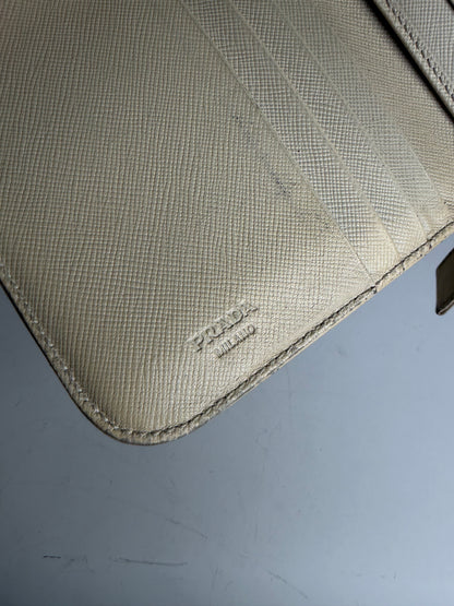 Vintage Prada Saffiano Leather Zip Wallet Cream Silver