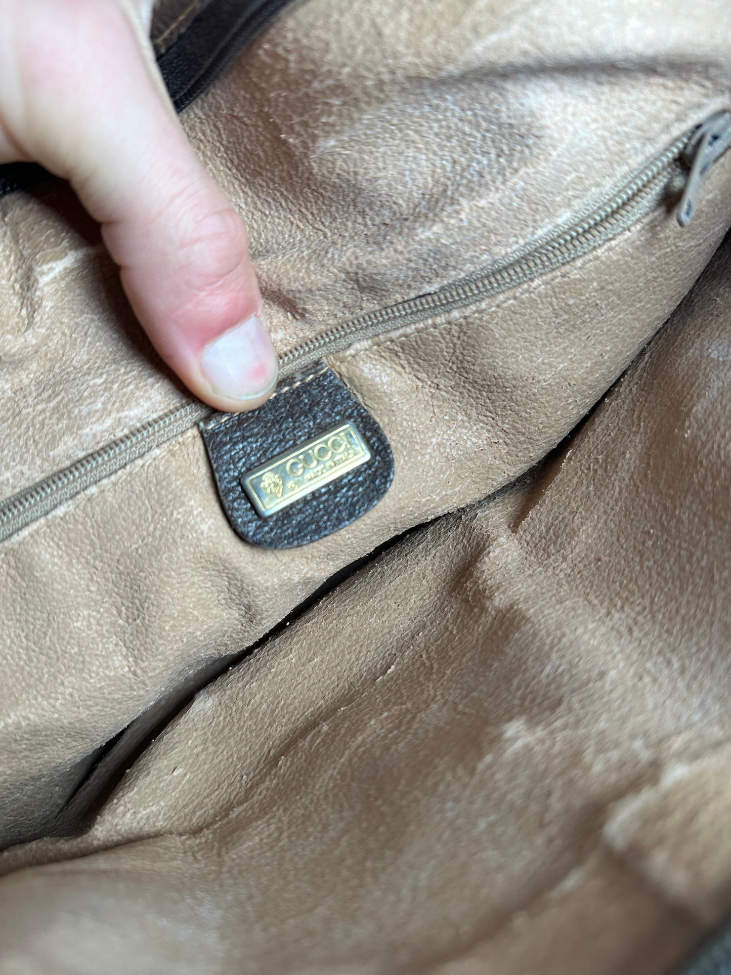Vintage Gucci Monogram Leather Handbag Grey Brown
