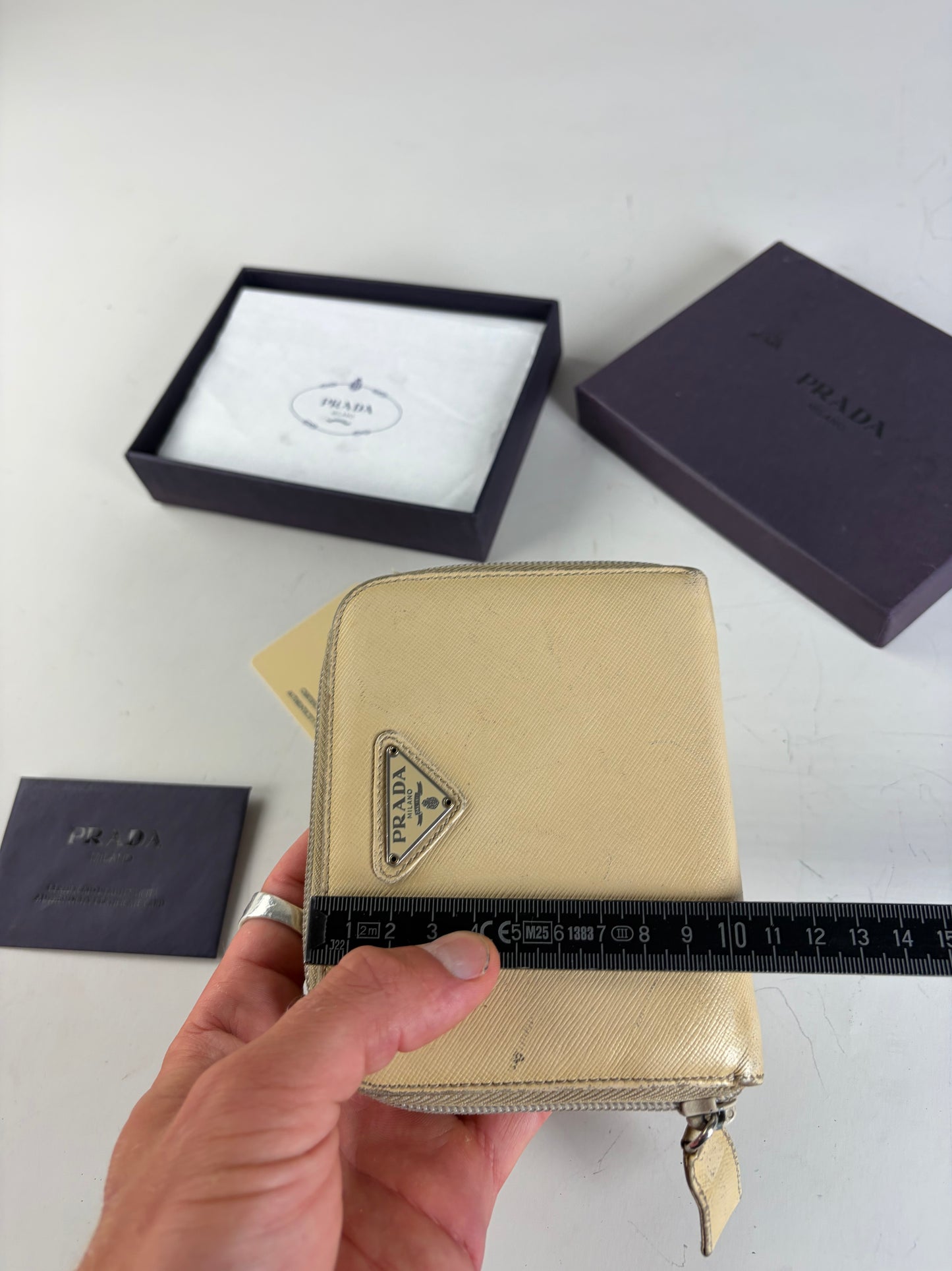 Vintage Prada Saffiano Leather Zip Wallet Cream Silver