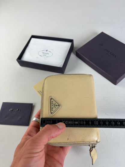 Vintage Prada Saffiano Leather Zip Wallet Cream Silver
