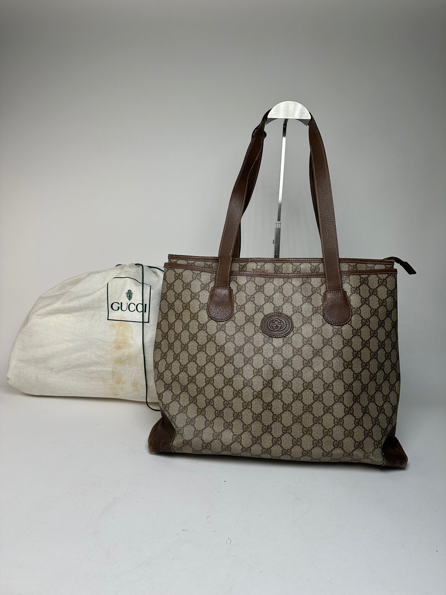 Vintage Gucci Monogram Leather Handbag Grey Brown