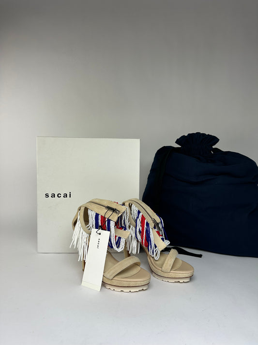 Vintage Sacai Heeled Sandals Suede Fringe Mid-2010s Beige EU36