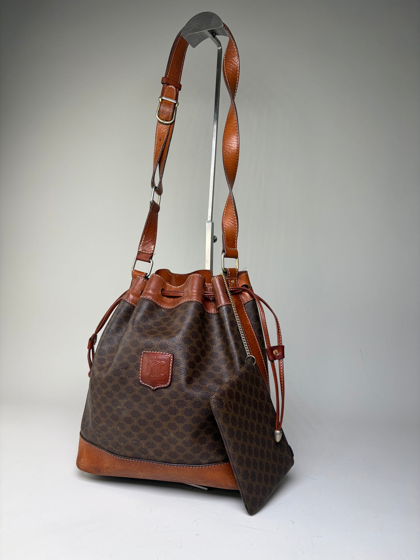 Vintage Celine Canvas Leather Trim Bucket Bag Brown Rust