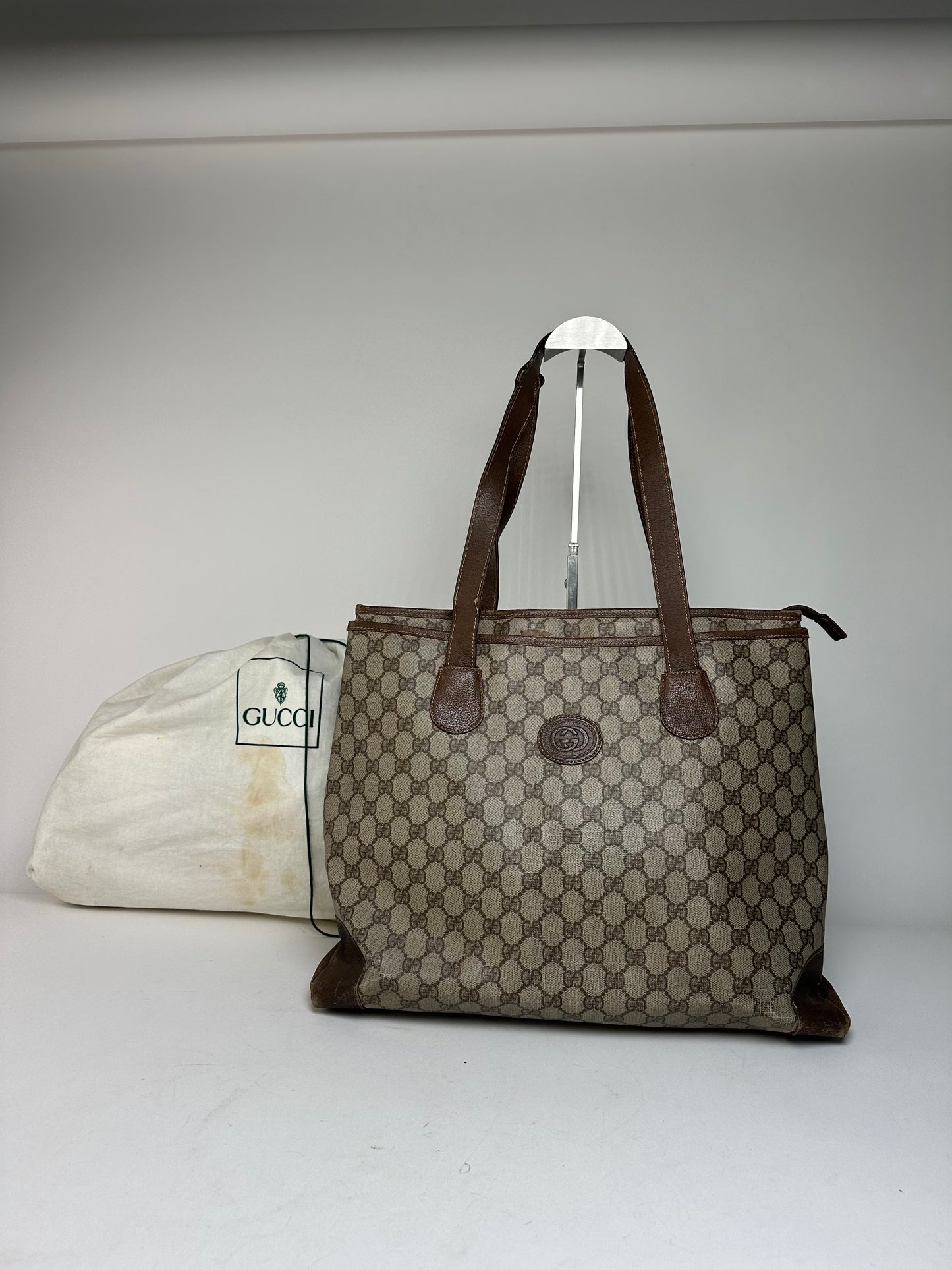 Vintage Gucci Monogram Leather Handbag Grey Brown