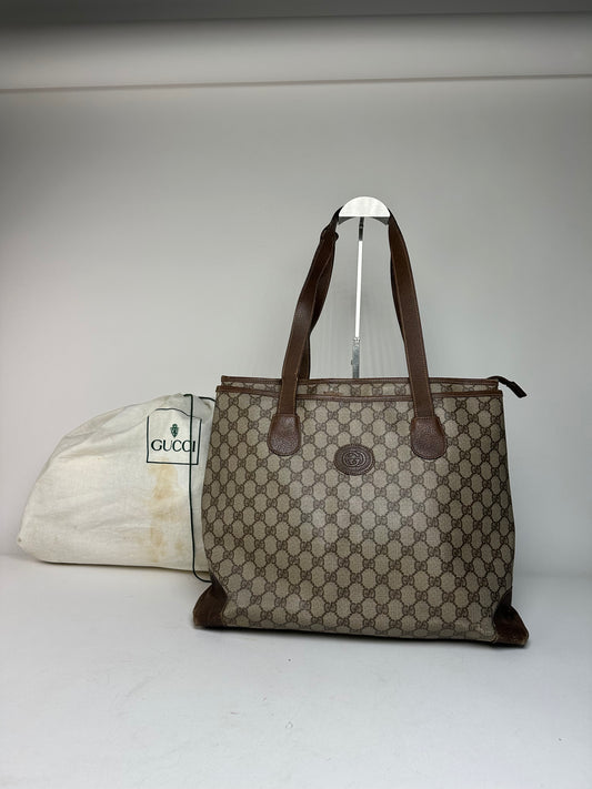 Vintage Gucci Monogram Leather Handbag Grey Brown