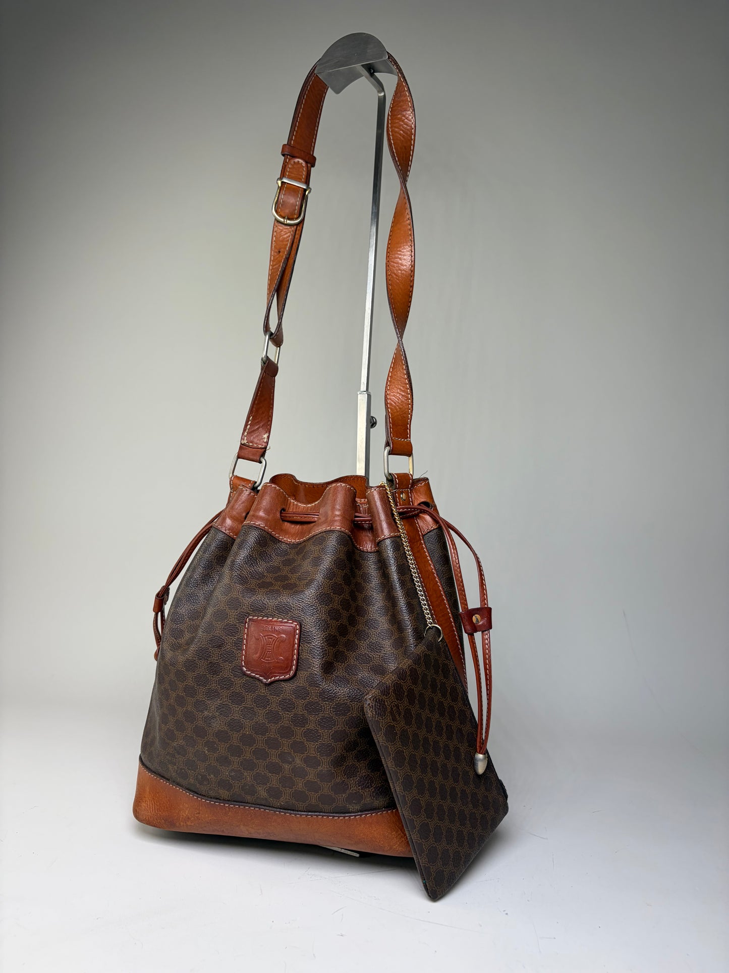 Vintage Celine Canvas Leather Trim Bucket Bag Brown Rust