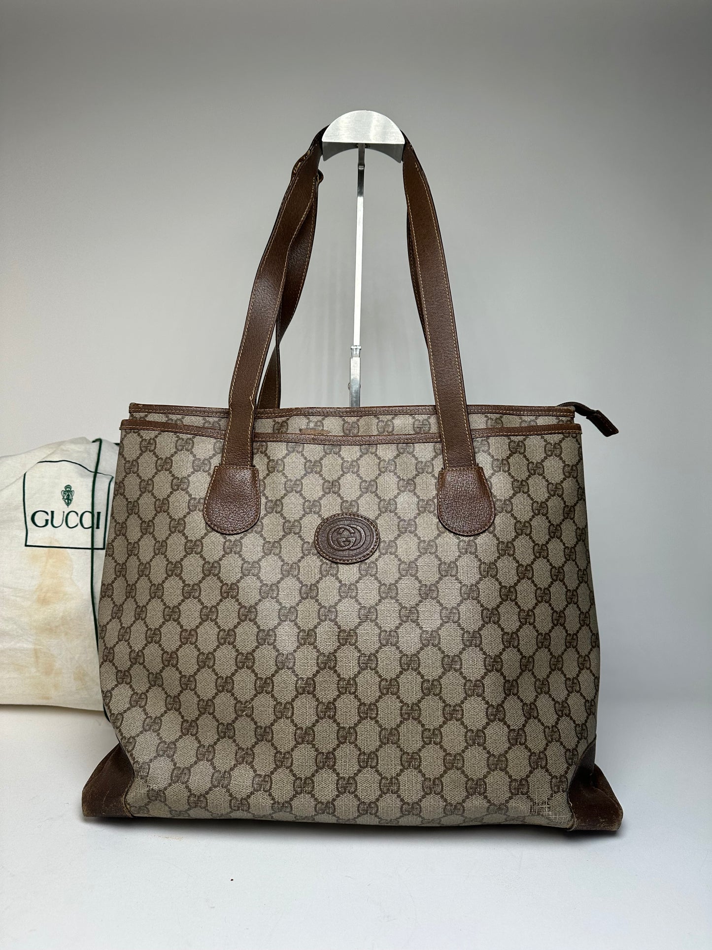 Vintage Gucci Monogram Leather Handbag Grey Brown
