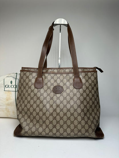 Vintage Gucci Monogram Leather Handbag Grey Brown