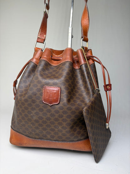 Vintage Celine Canvas Leather Trim Bucket Bag Brown Rust