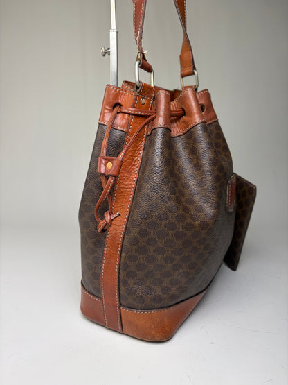 Vintage Celine Canvas Leather Trim Bucket Bag Brown Rust