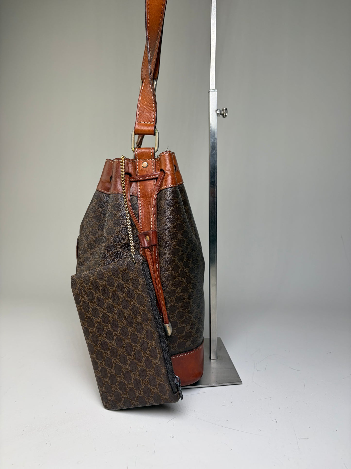 Vintage Celine Canvas Leather Trim Bucket Bag Brown Rust