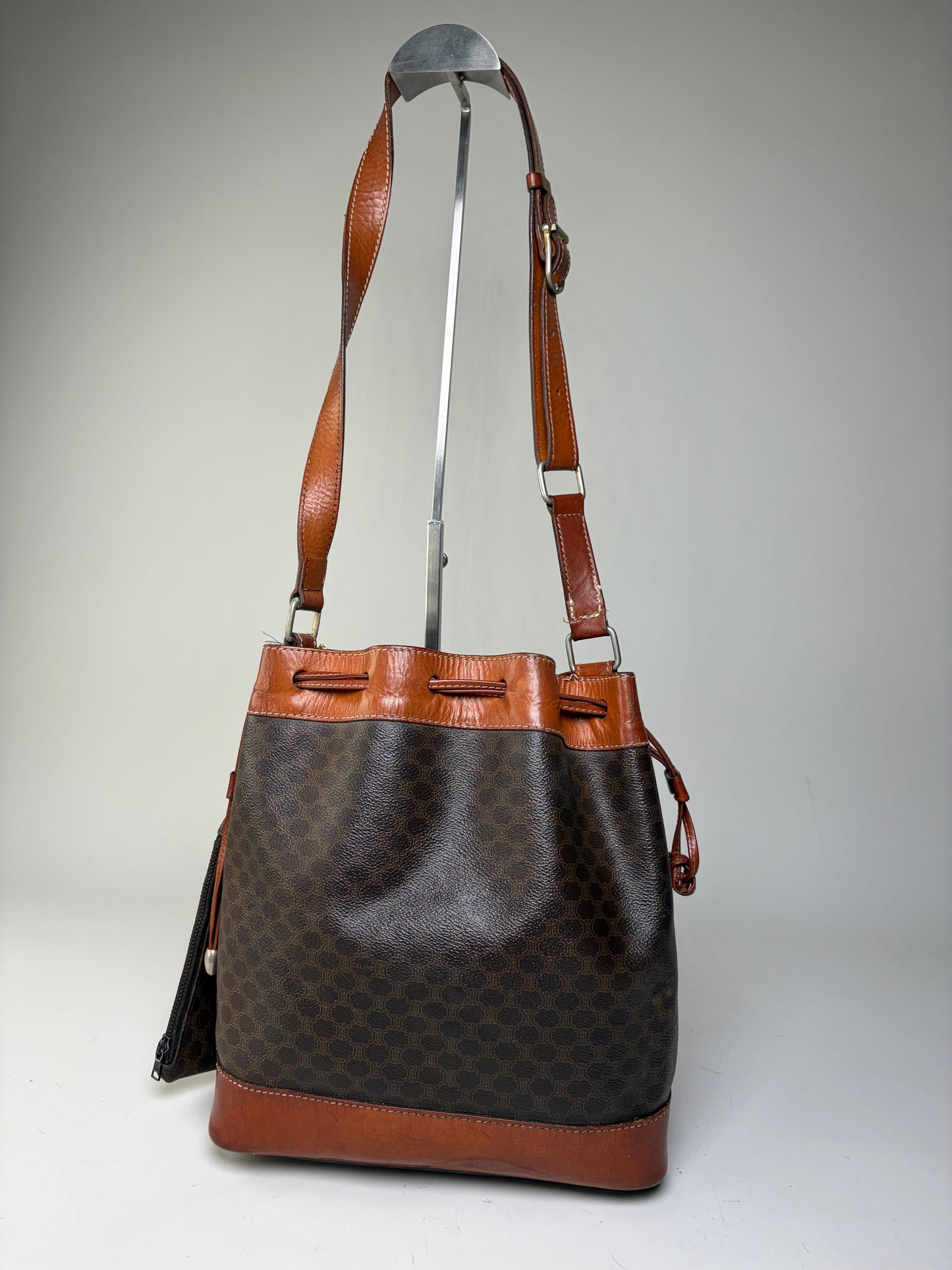 Vintage Celine Canvas Leather Trim Bucket Bag Brown Rust