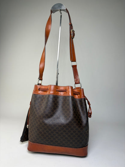 Vintage Celine Canvas Leather Trim Bucket Bag Brown Rust