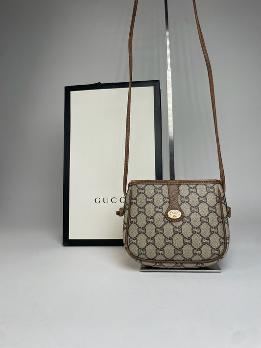 Vintage Gucci Monogram Leather Shoulder / Crossbody bag Grey Brown