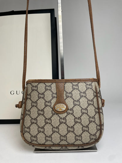 Vintage Gucci Monogram Leather Shoulder / Crossbody bag Grey Brown