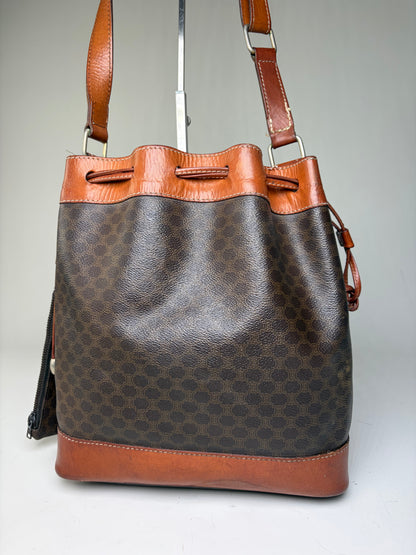 Vintage Celine Canvas Leather Trim Bucket Bag Brown Rust