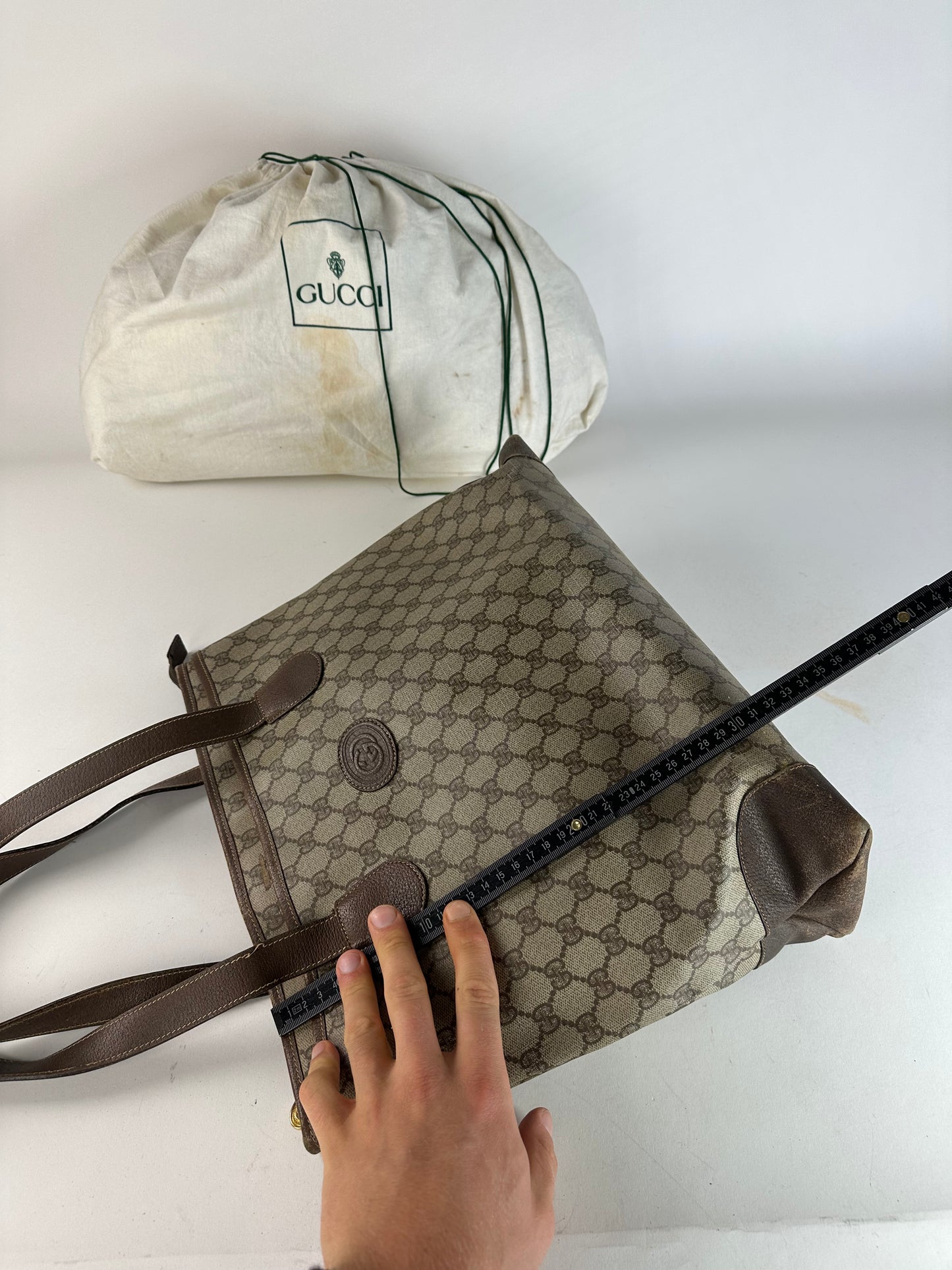 Vintage Gucci Monogram Leather Handbag Grey Brown